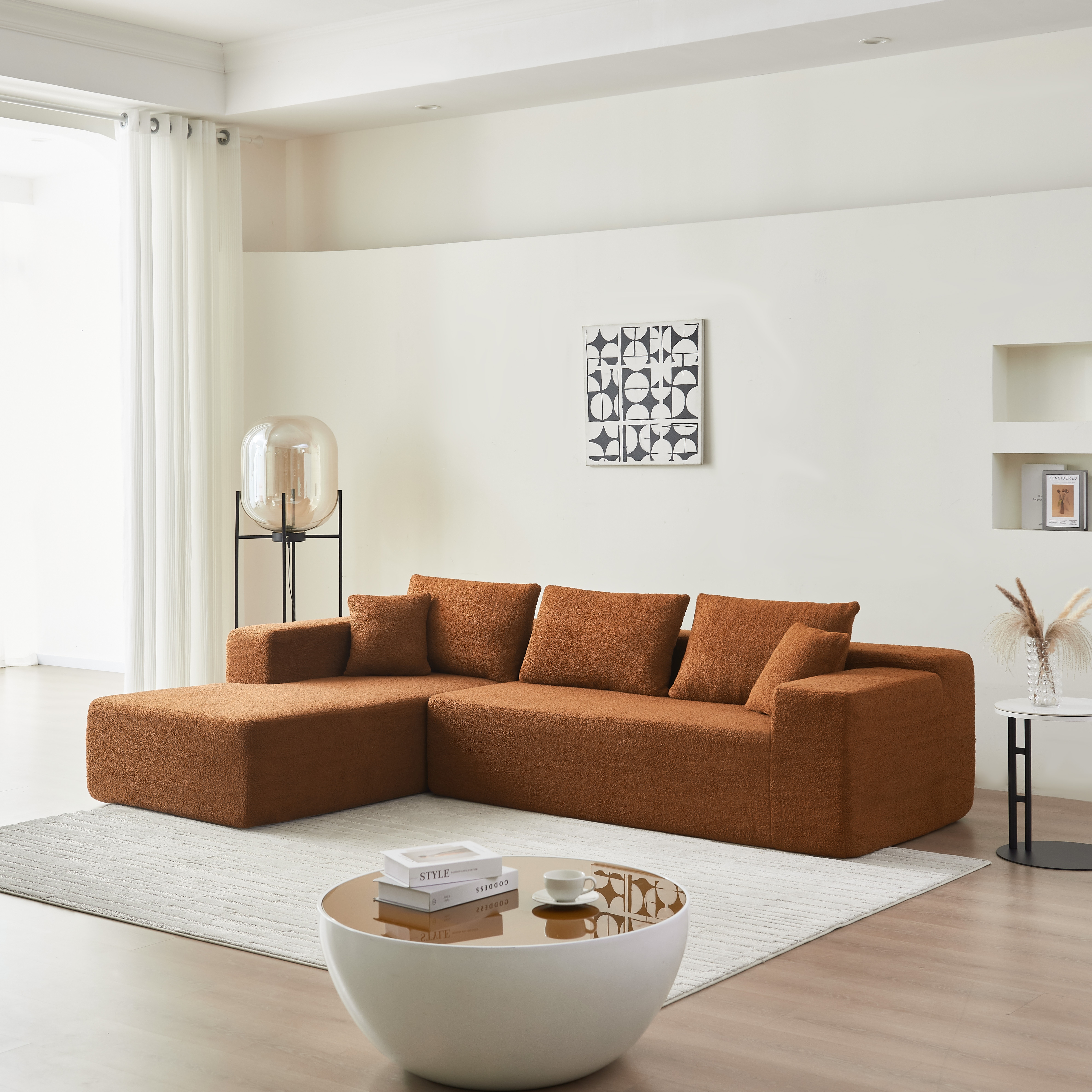 104.33" Sponge Sectional Sofa Couch for Living Room, L Shaped Modern Lamb Modular High Density Sponge Floor Sofa, Sherpa Fabric Sofa Couch with Chaise Lounge & Pillows, Upholstered Corner Cloud Couch 